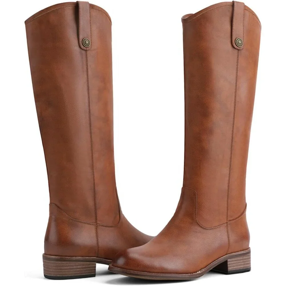 Women's Caramel Round Toe Chunky Heel Faux Suede Tall Knee High Boots Rubber